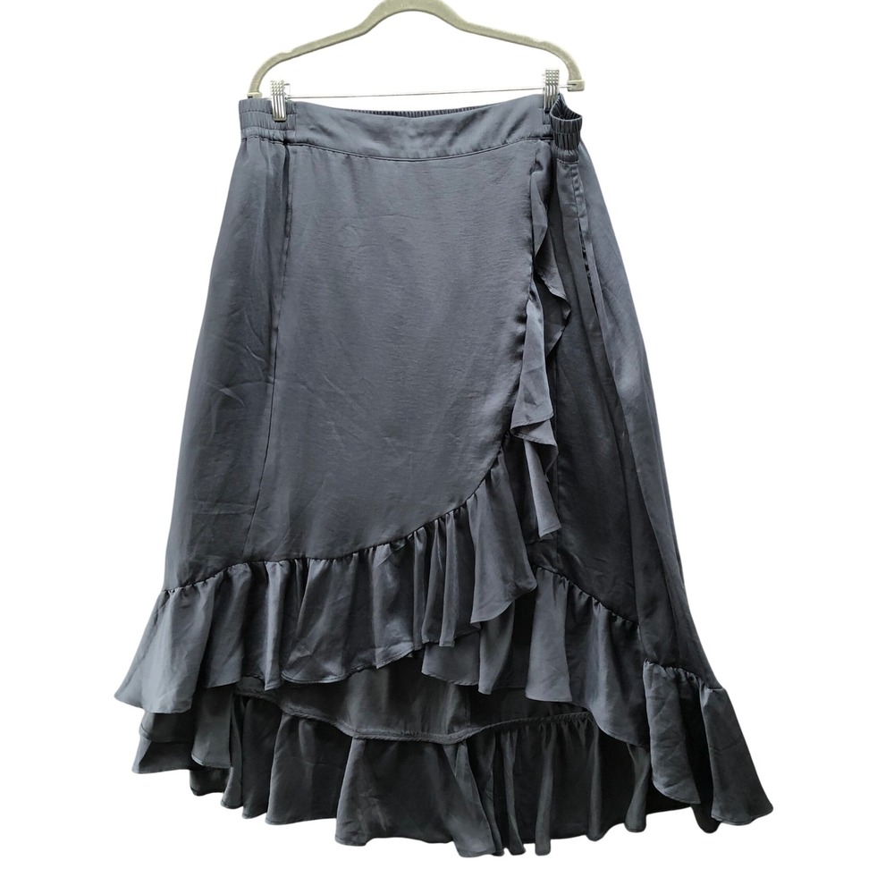 Lisa Rinna Collection Ruffle Midi Skirt Womens XL Gray Blue Satin Pull On Wrap